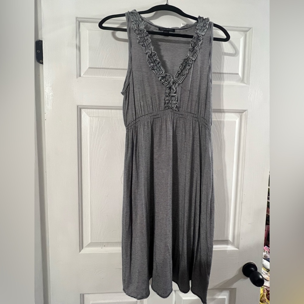 BANANA REPUBLIC Navy Blue Striped Ruffle Dress stretch Sz S